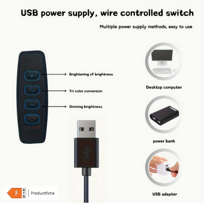 USB-voedingskabel met ingebouwde bedrade controller; vier knoppen: plus, cirkel, min en aan/uit.