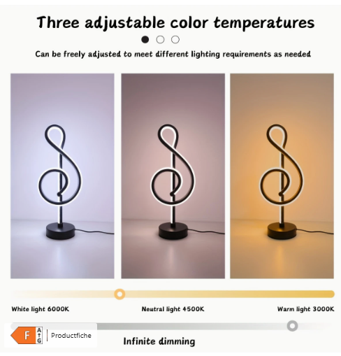 Close-up van decoratieve LED-lamp in solsleutelvorm met geïntegreerde LED-lichtlijn; toont drie instelbare kleurtemperaturen (warm 3000 K, neutraal 4500 K, koel wit 6000 K) en oneindig dimbaar.