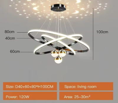 Nordic zwart LED-kroonluchter met drie interlockende acrylringen (Ø40 + 60 + 80 cm) en drie hangende LED-bollen, 120 W geïntegreerde LED, hoogte 100 cm, sterren- en maanprojectie op plafond – geschikt voor woonkamers van 25–30 m²