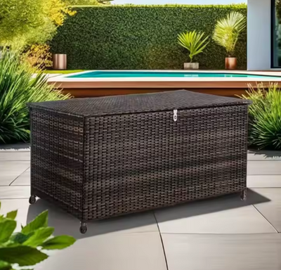 Coffre de rangement extérieur en osier durable – 120 L, étanche et pliable – Rotin PE, résistant aux intempéries et écologique