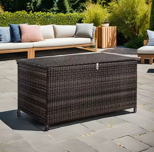 Coffre de rangement extérieur en osier durable – 120 L, étanche et pliable – Rotin PE, résistant aux intempéries et écologique