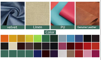 Materiaaloverzicht bestaande uit vier textielsoorten—velvet, linnen, PU (kunstleer) en echt leer—elk weergegeven met een detailfoto en bijschrift; onderaan bevindt zich een kleurenpalet met een breed spectrum aan tinten, van warme oranje- en geeltinten tot koele blauwen en groentinten, aangevuld met neutrale kleuren zoals zwart, wit en bruin; het geheel biedt een overzichtelijke keuzehulp voor stoffering, interieurontwerp of modeprojecten