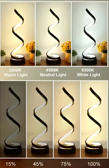 Zwarte spiraalvormige LED tafellamp met instelbare kleurtemperatuur (3000K–6500K) en dimbare helderheid – moderne designlamp met USB-voeding voor sfeervolle en flexibele verlichting in elk interieur.