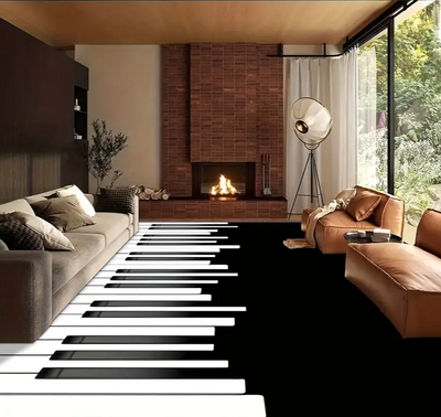Moderne woonkamer met zwart-wit piano design vloerkleed – laagpolig tapijt met toetsenbordmotief, bruine leren sofa en fauteuil, grijze stoffen bank, bakstenen haard, industriële vloerlamp en grote ramen met uitzicht op tuin.