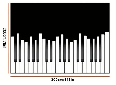 Afmetingsschema van zwart-wit piano design vloerkleed – rechthoekig tapijt van 200 cm bij 300 cm met toetsenbordmotief, witte en zwarte pianotoetsen op zwarte achtergrond.