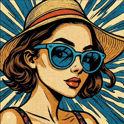 Popart-portret van vrouw met strohoed en felblauwe zonnebril, omringd door dynamische blauwe en witte stralen — een retro comicstijl illustratie die zomer, zelfvertrouwen en visuele kracht uitstraalt.