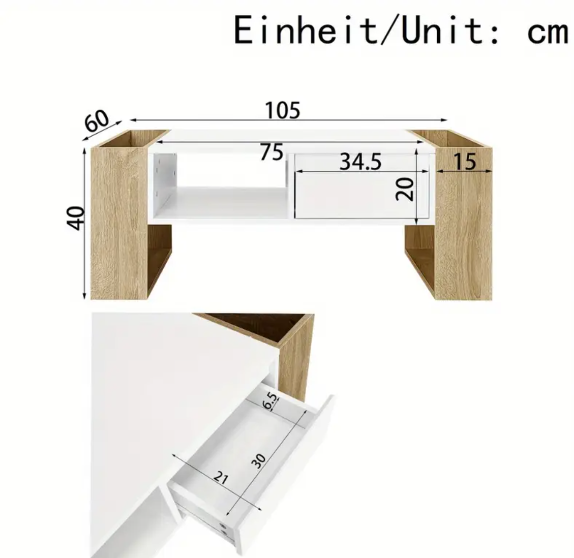 Technische afbeelding van moderne rechthoekige koffietafel van 105 x 60 x 40 cm met wit tafelblad, houtkleurige zijpanelen en centrale lade-unit; ladeblok meet 75 x 34.5 x 20 cm en bevat twee binnenlades van elk ca. 31 x 21 x 5.5 cm; zijpanelen 15 cm breed; een stijlvol, functioneel meubelstuk in MDF en metaal met praktische opbergruimte, ideaal voor eigentijds interieur