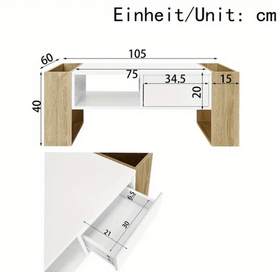 Technische afbeelding van moderne rechthoekige koffietafel van 105 x 60 x 40 cm met wit tafelblad, houtkleurige zijpanelen en centrale lade-unit; ladeblok meet 75 x 34.5 x 20 cm en bevat twee binnenlades van elk ca. 31 x 21 x 5.5 cm; zijpanelen 15 cm breed; een stijlvol, functioneel meubelstuk in MDF en metaal met praktische opbergruimte, ideaal voor eigentijds interieur