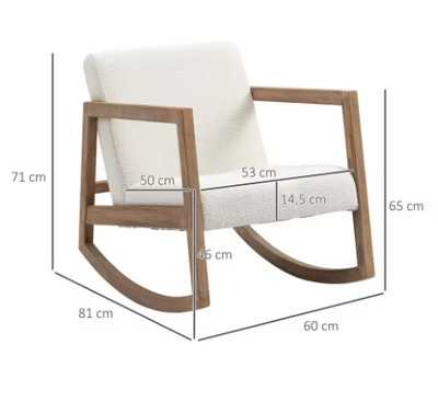 Technische tekening van Homcom schommelstoel met witte schapenvachtbekleding en gebogen houten poten; afmetingen: hoogte 71 cm, breedte 81 cm, diepte 60 cm; zitbreedte 53 cm, zithoogte 45 cm, zitdiepte 50 cm, armleuninghoogte 65 cm, kussendikte 14,5 cm