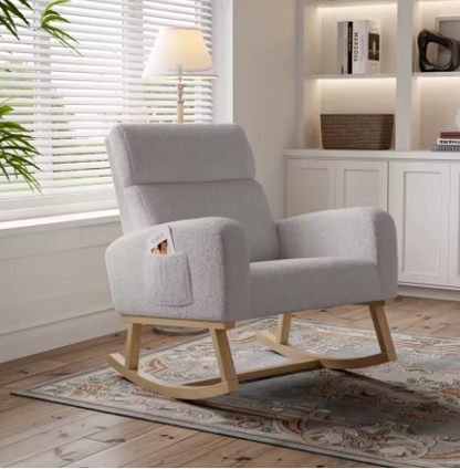 Anajqaqia Schommelstoel – Gestoffeerde Fauteuil met Opbergvakken – Lamswol, Lichtgrijs