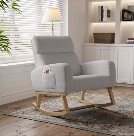 Anajqaqia Schommelstoel – Gestoffeerde Fauteuil met Opbergvakken – Lamswol, Lichtgrijs