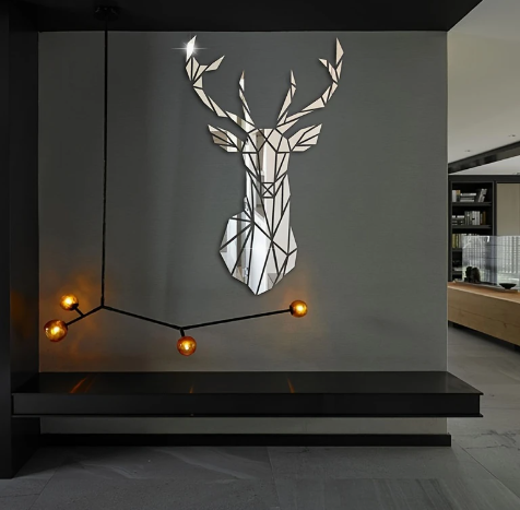 Art Deco Hertenhoofd Spiegel Wanddecoratie 95x57cm – Acryl Muursticker – Lichtgewicht & Zelfklevend – 3D Spiegeleffect