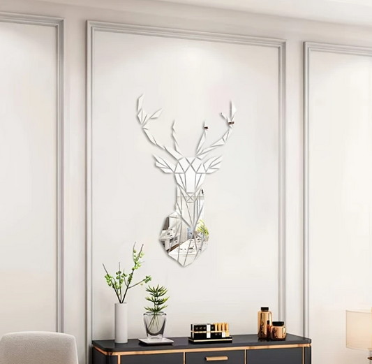 Art Deco Hertenhoofd Spiegel Wanddecoratie 95x57cm – Acryl Muursticker – Lichtgewicht & Zelfklevend – 3D Spiegeleffect