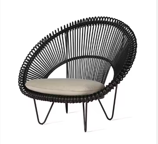 Round Rattan Lounge Chair with Side Table – Boho Design Chair on Black Metal Legs 105X86X93