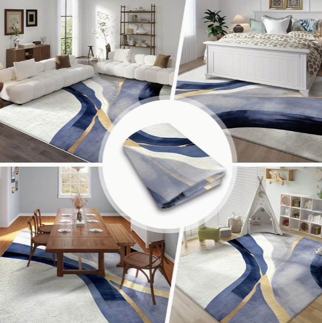 Woonkamer met beige bank en laagpolig antislip tapijt in abstract bloemmotief.