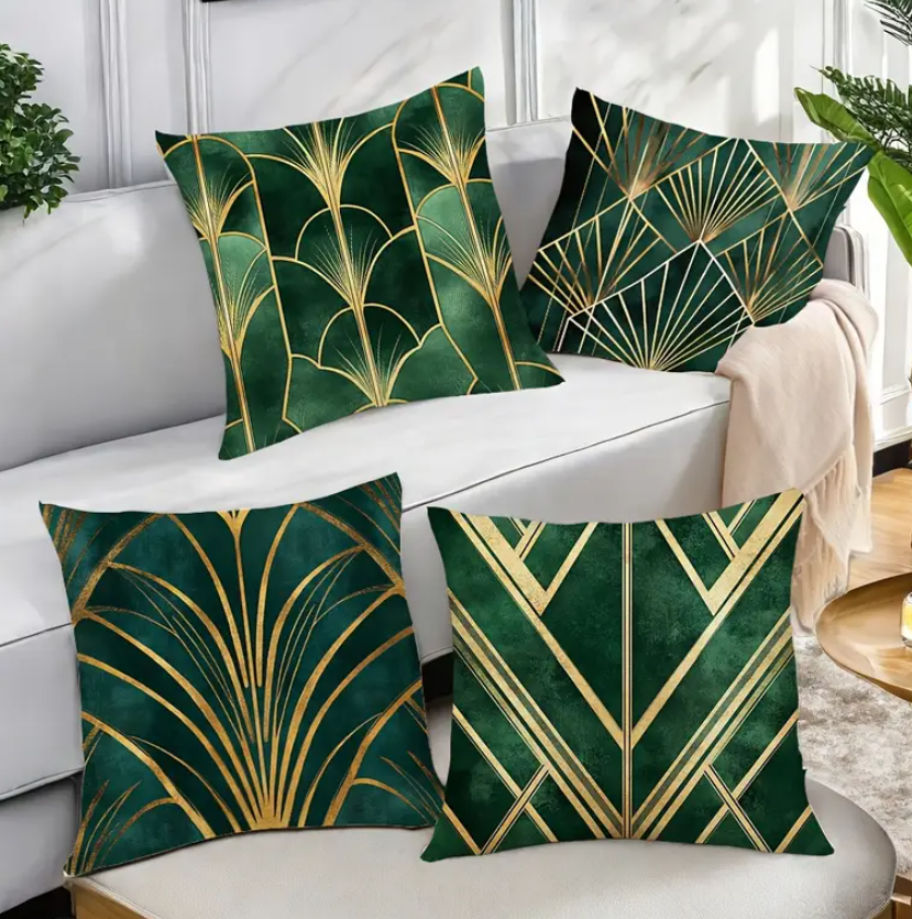 Set van 4 “Lumière” geometrische Art Deco Groene Kussenhoezen – Geometrisch Art Deco | 45x45 cm