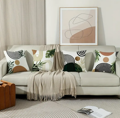 Set van 4 Boho Kussenhoezen – Abstract Zonsondergang & Mid-Century Design (45x45 cm)