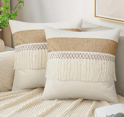 Set van 2 Boho Kussenhoezen met Franjes – Linnenlook in Beige & Bruin (45x45 cm of 50x50cm)