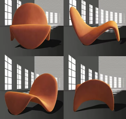 Elegante, moderne fauteuil met tongvormige design en kunstzinnige uitstraling.