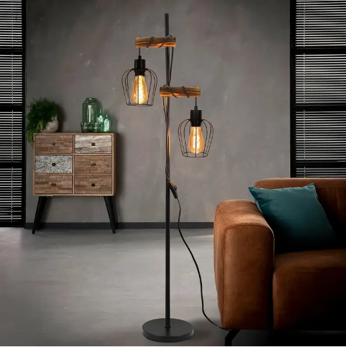 Industriële vloerlamp met houten accent