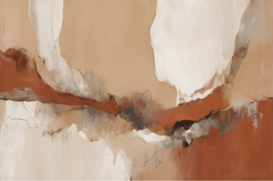 Abstracte roest- en scheur wanddecoratie op canvas – industriële kunst met verweerde texturen, opgehangen in een modern interieur.
