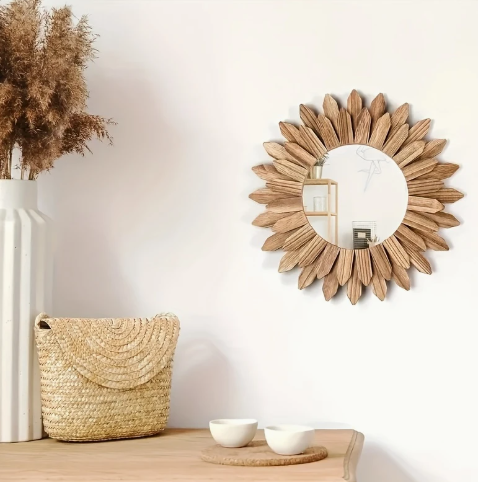 Boheemse Zonnebloem Wandspiegel – 30 cm Ronde Spiegel met Houten Bladframe – Natuurlijke Wanddecoratie