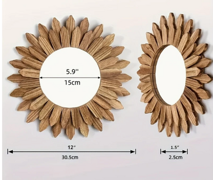 Boheemse Zonnebloem Wandspiegel – 30 cm Ronde Spiegel met Houten Bladframe – Natuurlijke Wanddecoratie